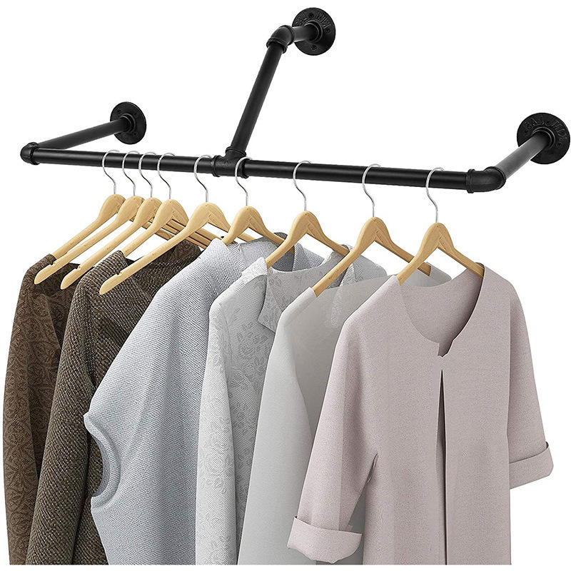 Industrial Modern Black Pipe Wall Mounted Clothing Rack Laundry Room Clothing Rods Decor Clothes Display Hanging Racks