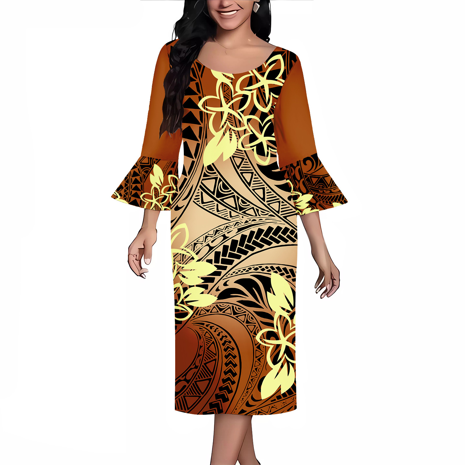 Wholesale Price Custom Polynesian Hawaii Tribal Design Women Clothing Large Size 8XL Long Bell Sleeve Loose Casual Dresses