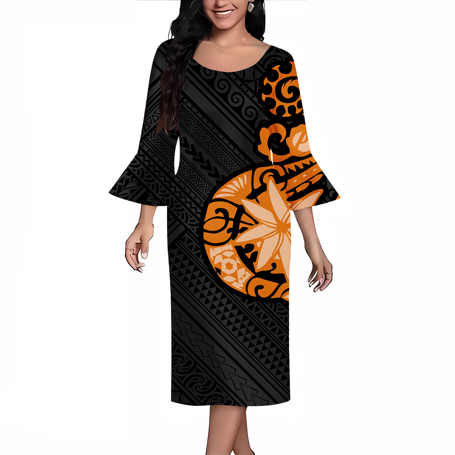 Wholesale Price Custom Polynesian Hawaii Tribal Design Women Clothing Large Size 8XL Long Bell Sleeve Loose Casual Dresses