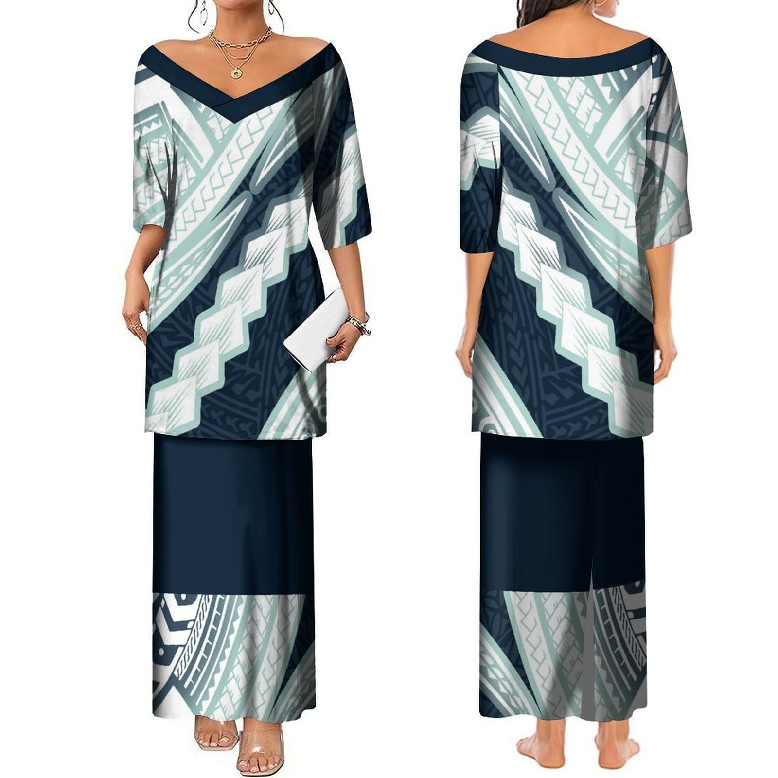 Hot Selling Custom Big V Neck Samoan Puletasi Half Sleeve Puletaha Long Top And Skirts Set Dresses Women Polynesian Clothing