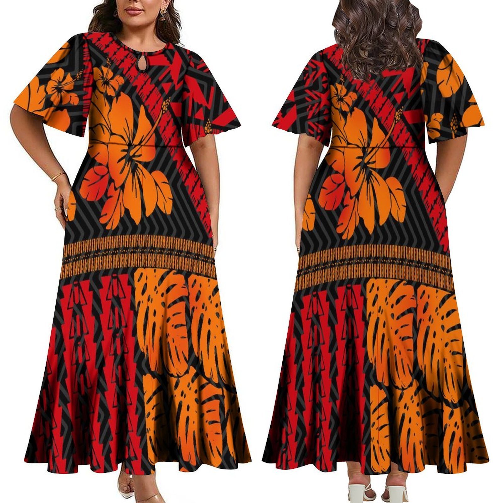 Factory Wholesale Custom Tropical Flower Print Hawaiian Dress O Neck Half Sleeve Maxi Party Dress Big Size Women Casual Dresses