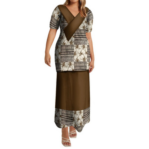 High Quality Custom Polynesian Tribal Design V Neck Samoan Puletasi Set Dress Puletaha Top And Shirts Two Piece Outfits Sets