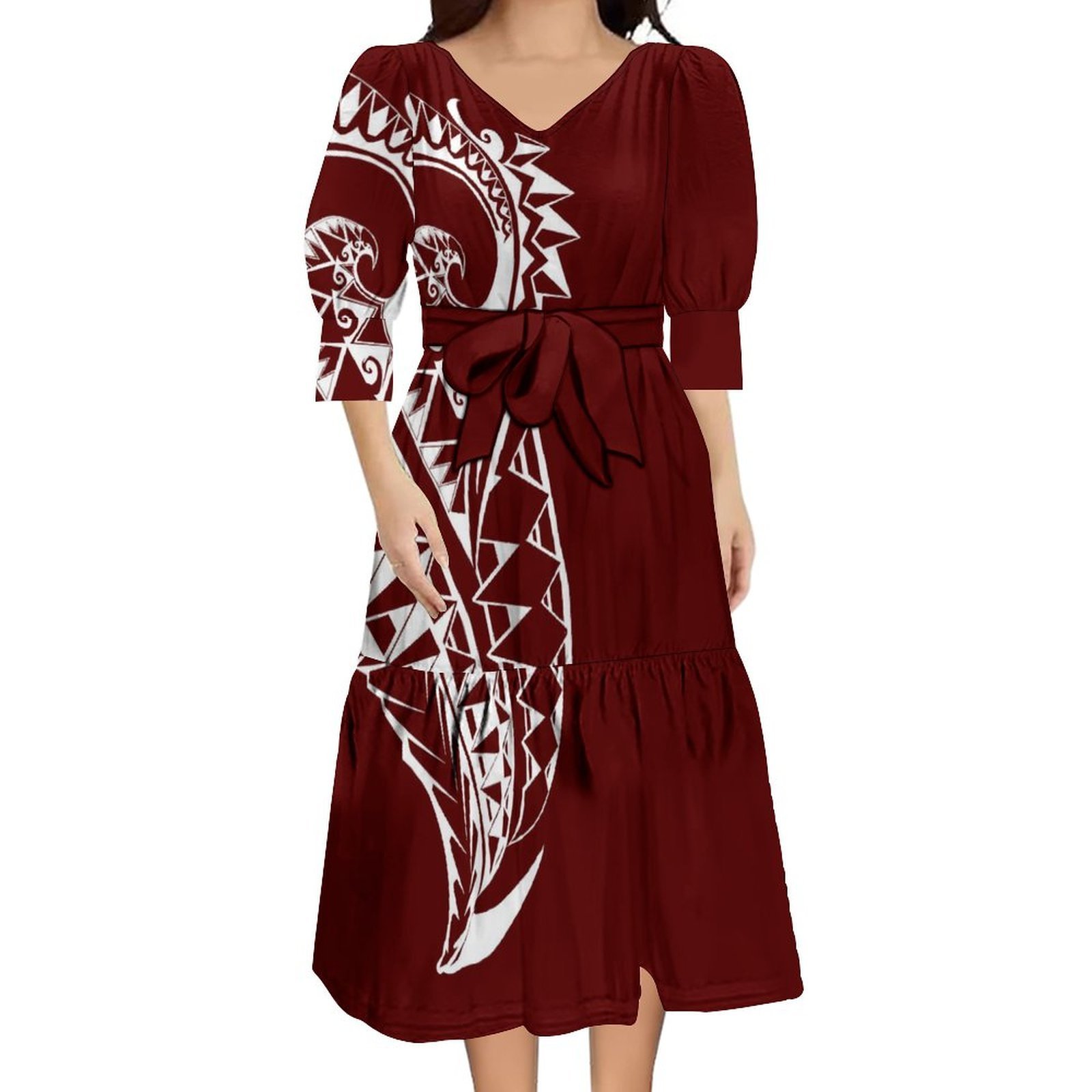 Factory Wholesale Custom Polynesian Tribal Design Samoan Dress Big Size Women Dresses Puff Sleeve  Lace Up Midi Dress With Belts