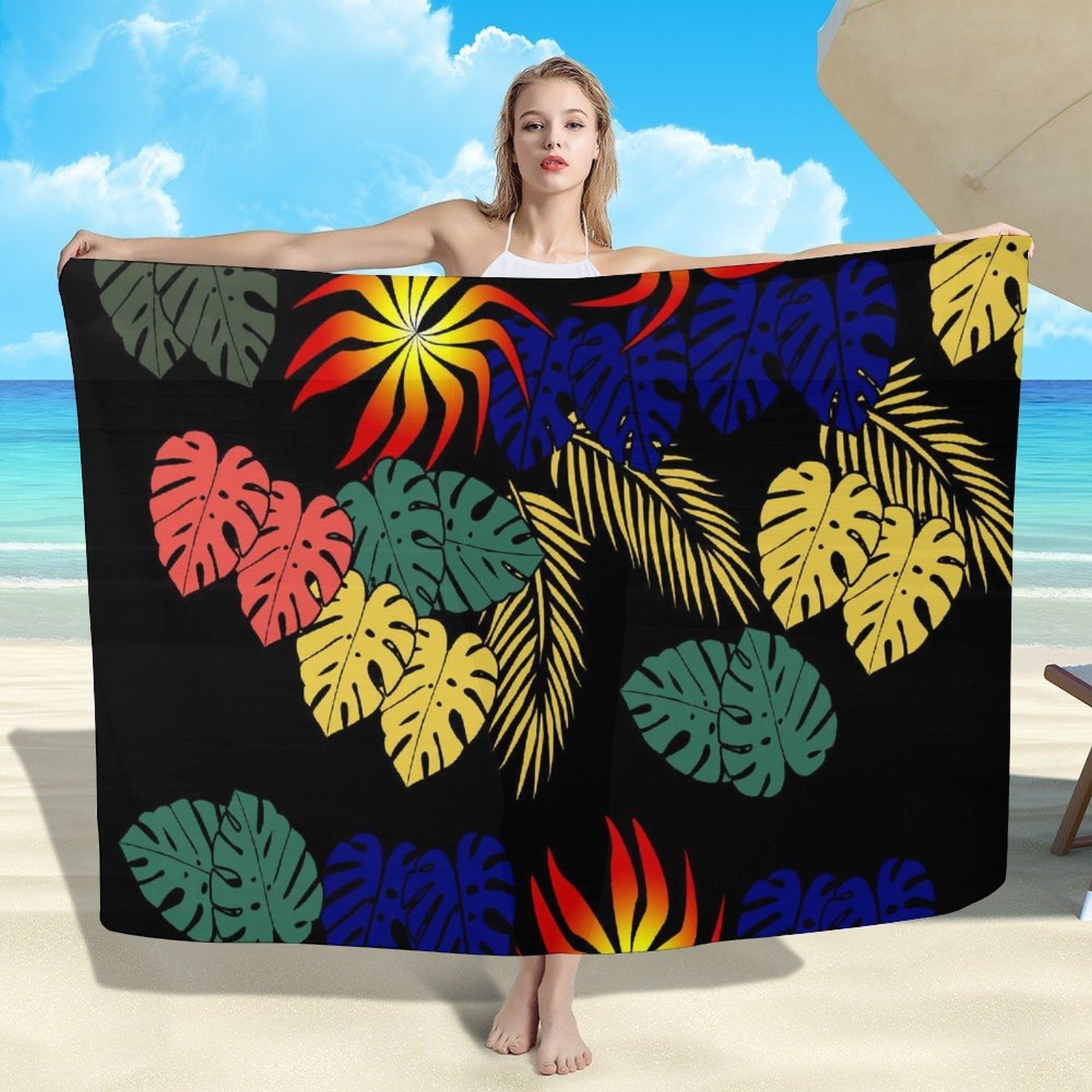 Drop Shipping Beach Sarong Custom Ladies Shawl Scarfs Bikini Cover Up Beachwear Monstera Leaf Printed Hawaiian Sarongs For Women