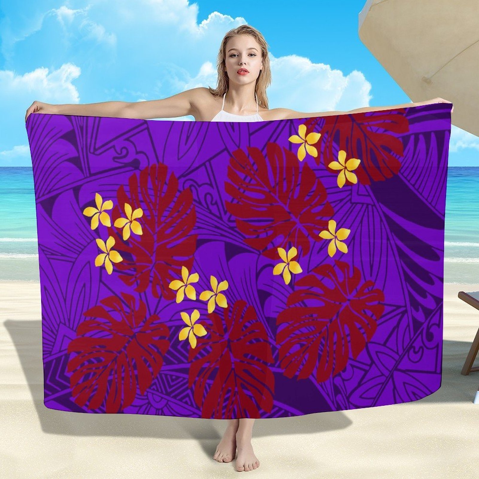 Drop Shipping Beach Sarong Custom Ladies Shawl Scarfs Bikini Cover Up Beachwear Monstera Leaf Printed Hawaiian Sarongs For Women