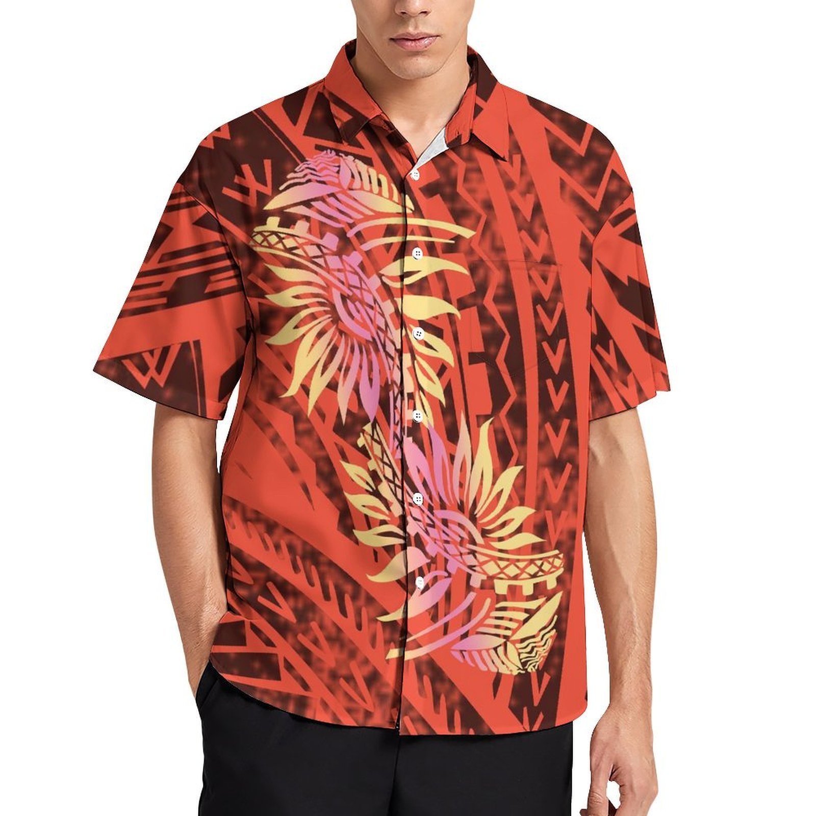 Wholesale Customized Flower Polynesian Tribal Print Cuban Collar Casual Short Sleeve Casual Shirts Buttons Plus Size Mens Shirt