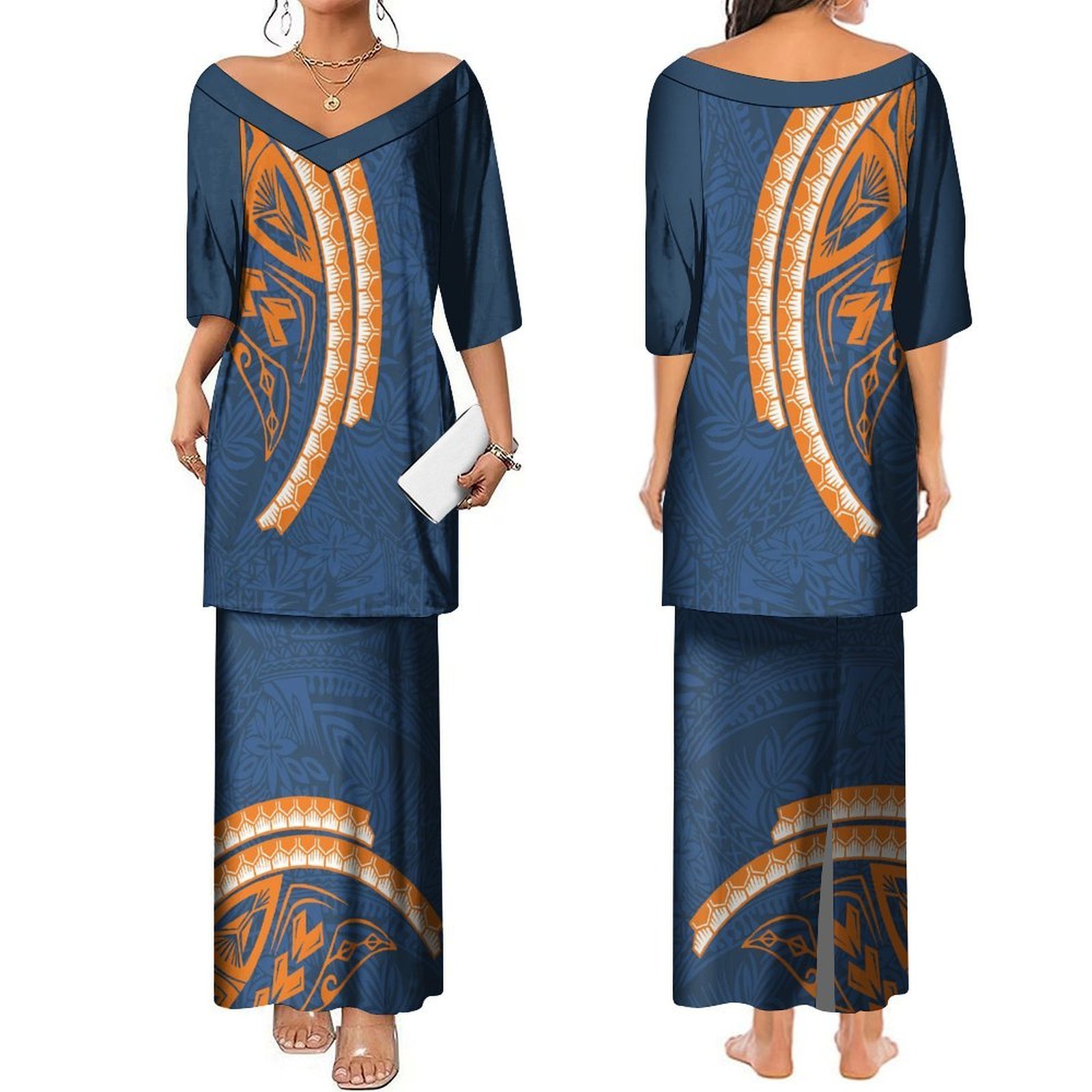 Hot Selling Custom Big V Neck Samoan Puletasi Half Sleeve Puletaha Long Top And Skirts Set Dresses Women Polynesian Clothing