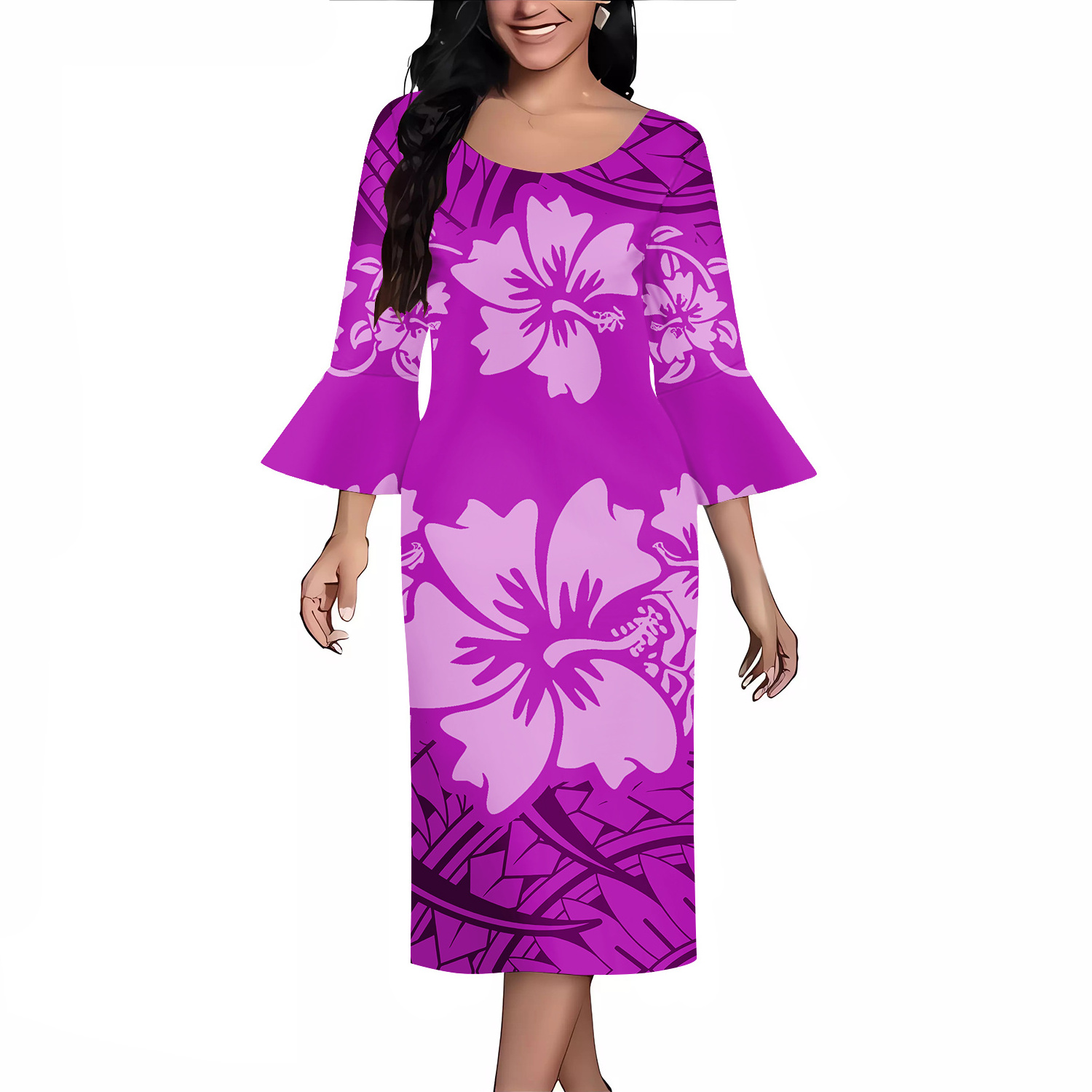 Wholesale Price Custom Polynesian Hawaii Tribal Design Women Clothing Large Size 8XL Long Bell Sleeve Loose Casual Dresses