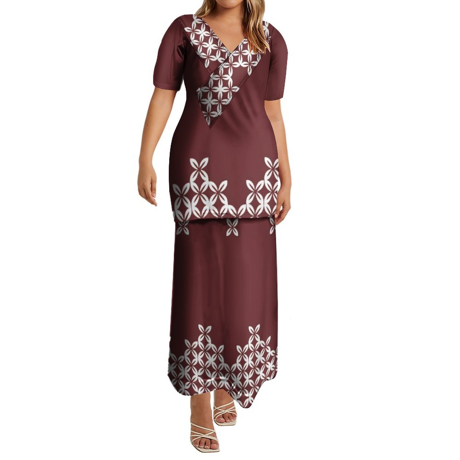 High Quality Custom Polynesian Tribal Design V Neck Samoan Puletasi Set Dress Puletaha Top And Shirts Two Piece Outfits Sets