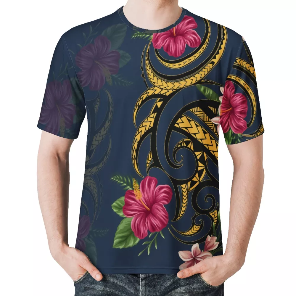 Yellow-brown T shirts for Men fashion Polynesian Tribal Crew neck Short-Sleeve The Philippines Summer Plumeria T shirt Men