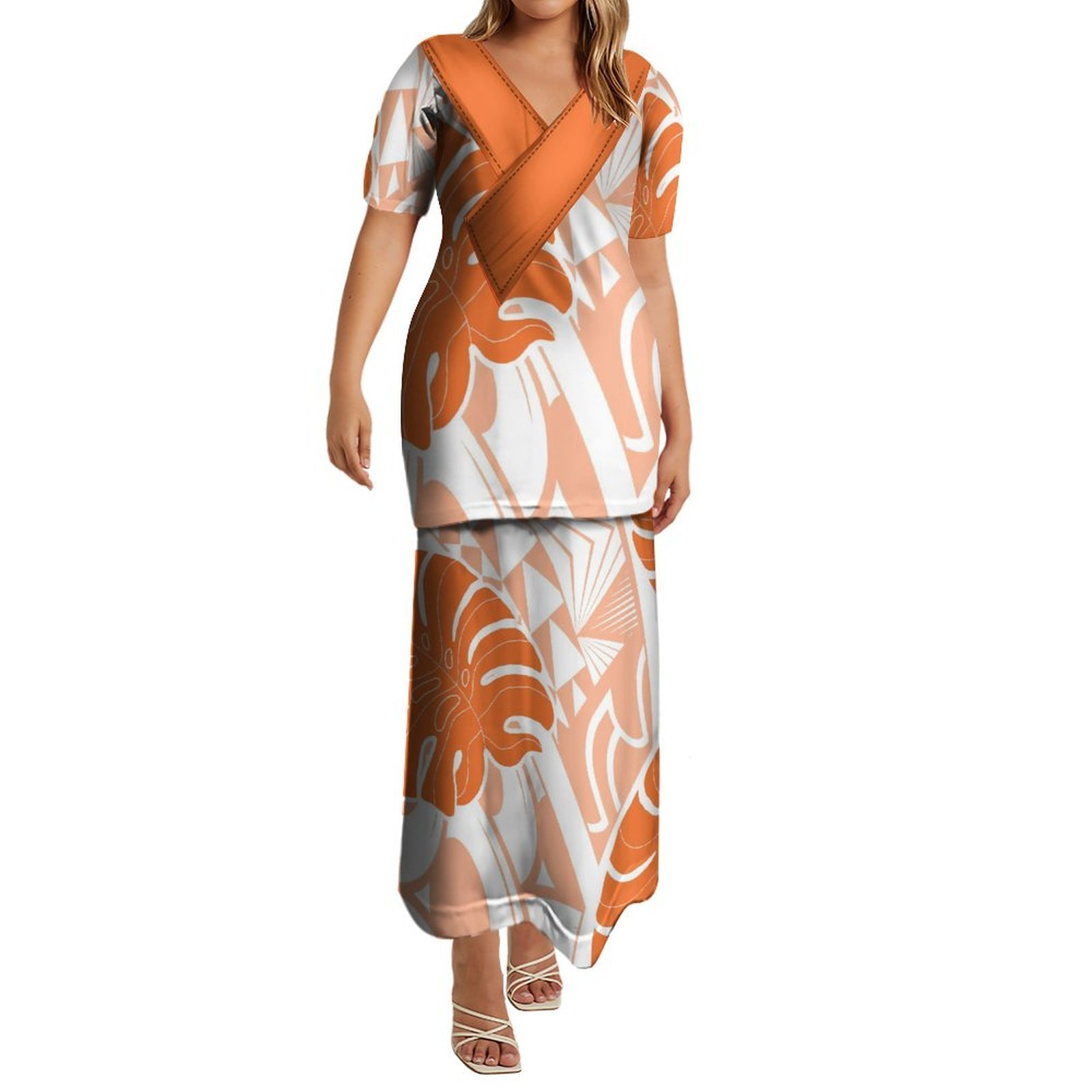 High Quality Custom Polynesian Tribal Design V Neck Samoan Puletasi Set Dress Puletaha Top And Shirts Two Piece Outfits Sets