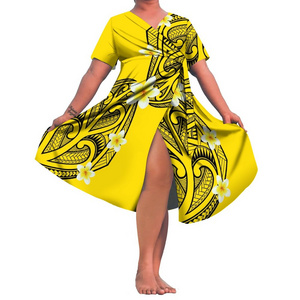 Wholesale Price Yellow Hawaii Tribal Design Island Dresses Pacific Island Art Clothing Featuring V-Neck Lace-Up Princess Dress