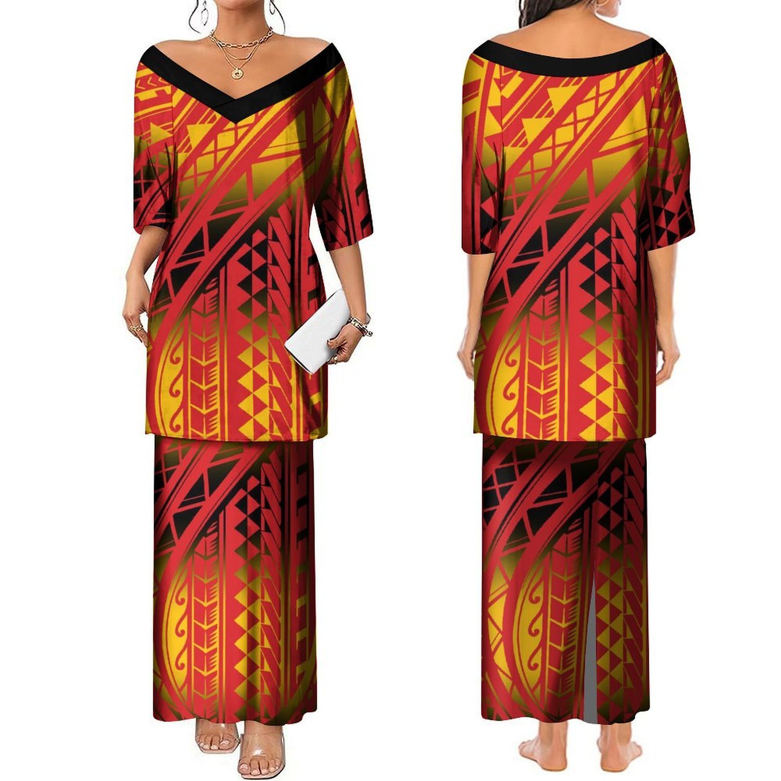 Hot Selling Custom Big V Neck Samoan Puletasi Half Sleeve Puletaha Long Top And Skirts Set Dresses Women Polynesian Clothing