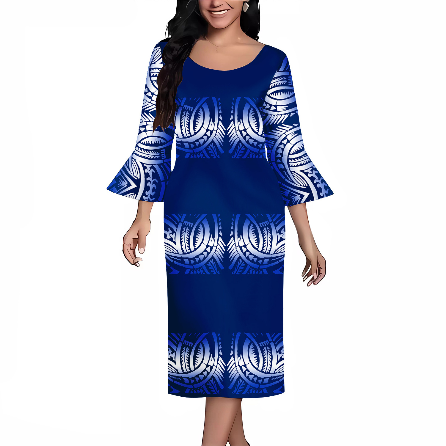 Wholesale Price Custom Polynesian Hawaii Tribal Design Women Clothing Large Size 8XL Long Bell Sleeve Loose Casual Dresses