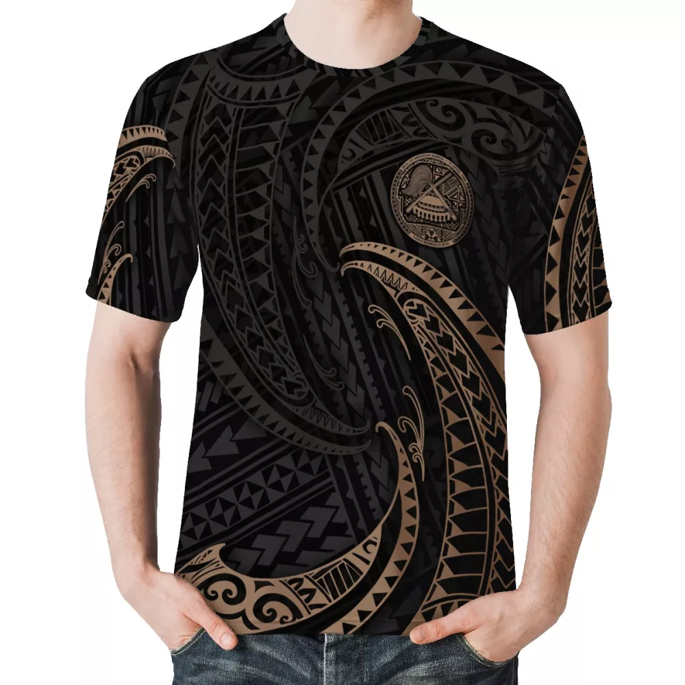 Yellow-brown T shirts for Men fashion Polynesian Tribal Crew neck Short-Sleeve The Philippines Summer Plumeria T shirt Men