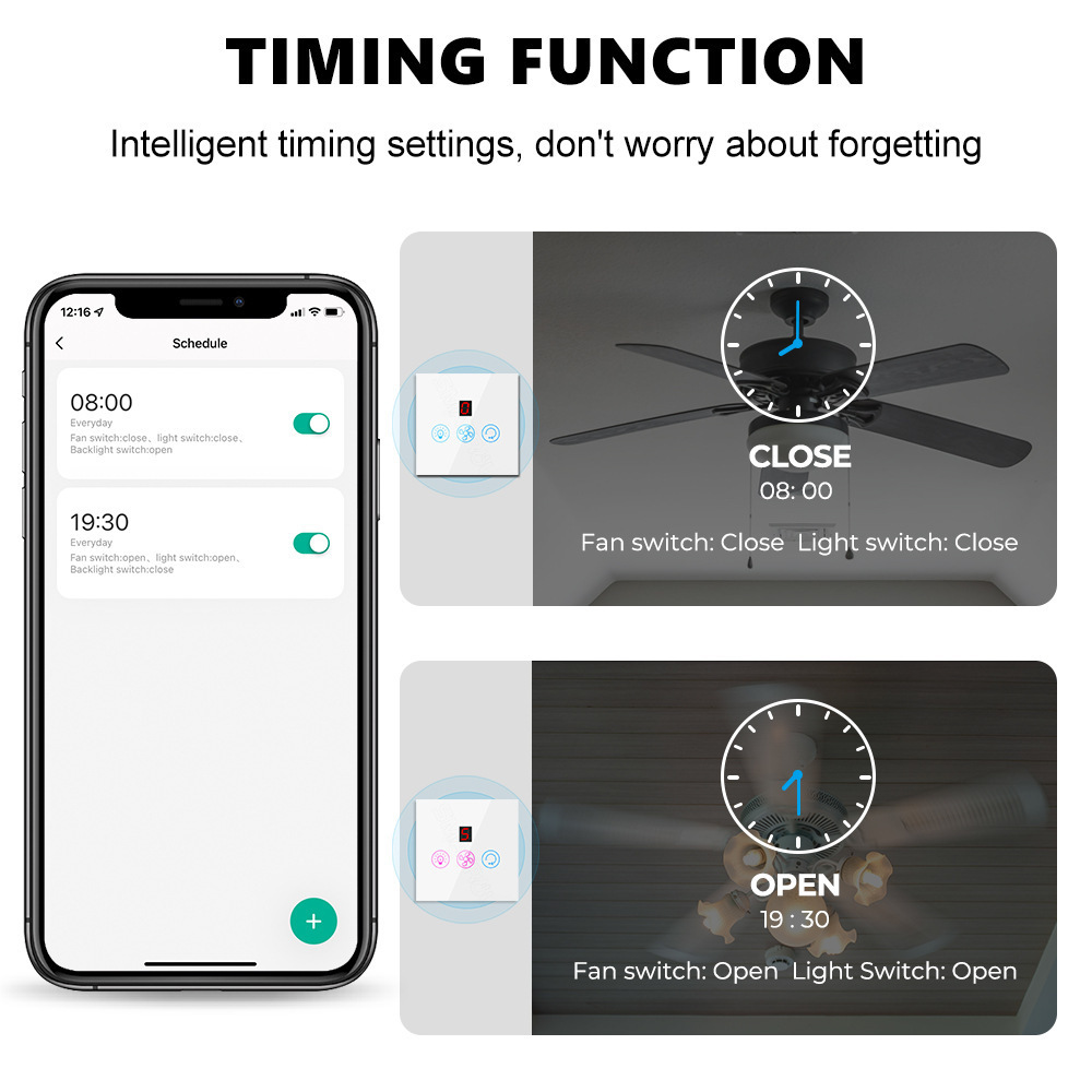 Tuya Smart Home Wifi Fan Lamp Switch  EU Standard App Voice Timing Control  Touch Speed Wall Switch
