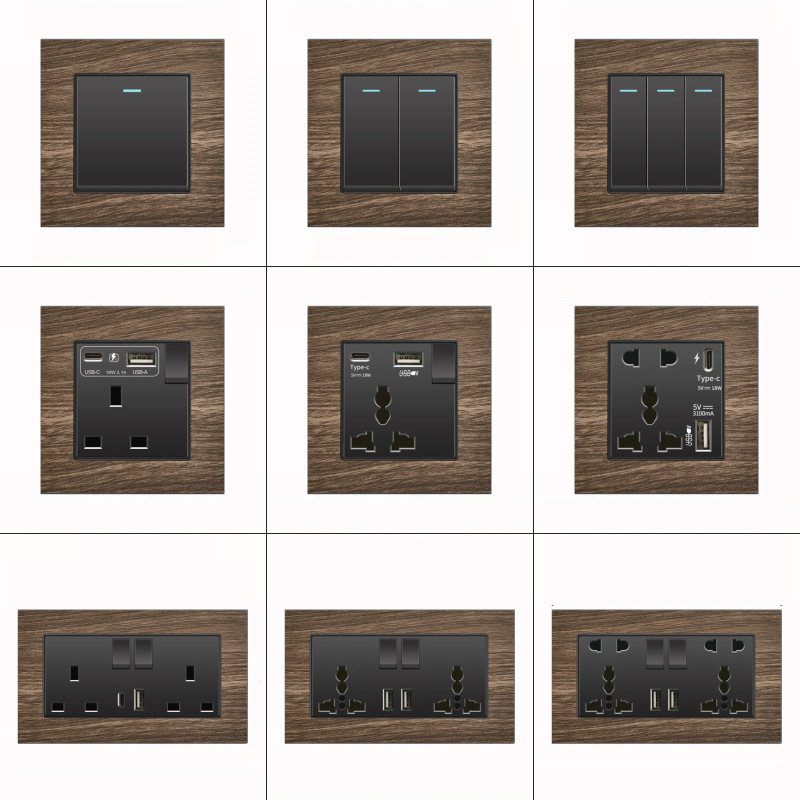 Home 86 English 13A with USB charging socket light switch European vintage wood panel Hong Kong