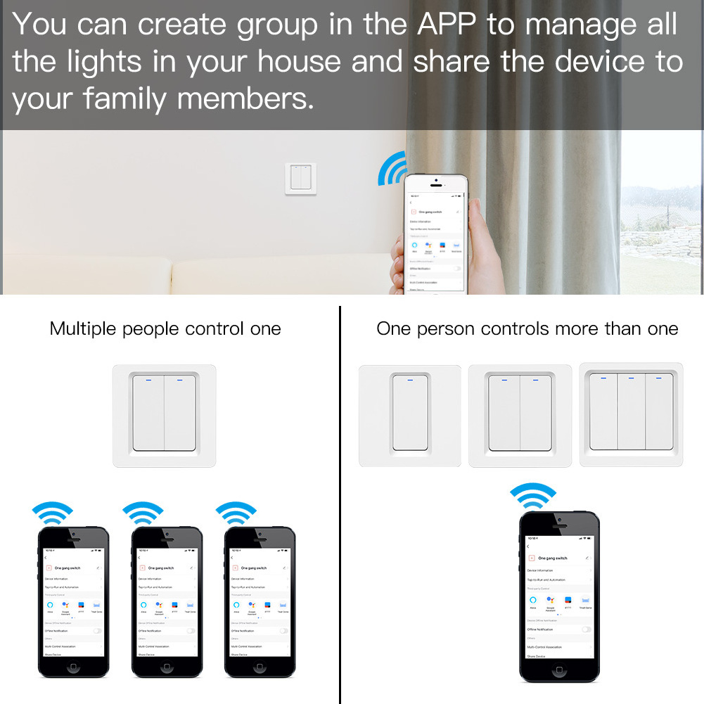 Tuya WiFi Push Button Light Switch PC Panel 86*86 Alexa Remote Control 1 Gang Smart Home Wall Switches