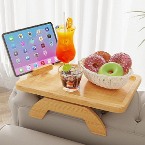 Solid Bamboo Couch cup holder Tray Sofa Armrest Serving Tray with Legs and Tablet Holder