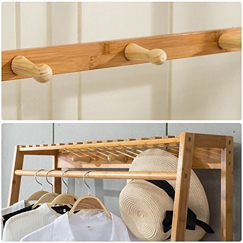 Garment Rack Bamboo Coat Rack 3 Tiers Shoe Clothes Storage Shelves High-grade bamboo hanger with hook and storage layer