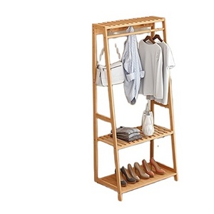 Garment Rack Bamboo Coat Rack 3 Tiers Shoe Clothes Storage Shelves High-grade bamboo hanger with hook and storage layer