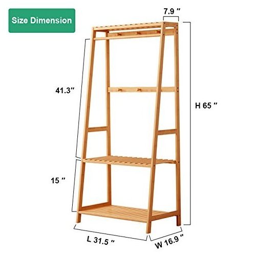 Garment Rack Bamboo Coat Rack 3 Tiers Shoe Clothes Storage Shelves High-grade bamboo hanger with hook and storage layer