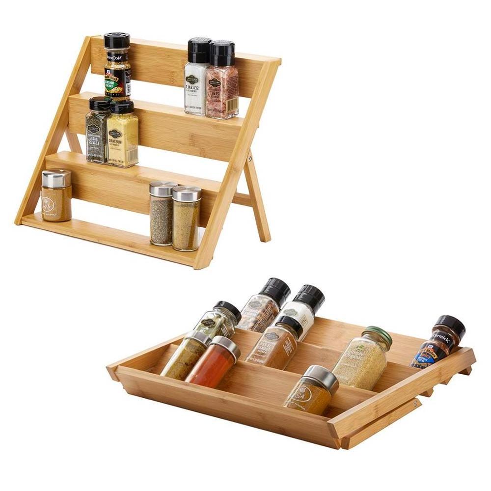 Wholesale Bamboo Storage Shelf 3-Tier Jar Organizer Spice Display Rack Foldable Seasoning Holder Stand