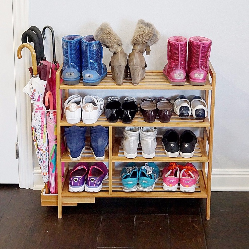 Homemade 4-Tier Bamboo Shoe Rack with Hidden Umbrella Shoes Display Stand Slippers Storage Shelf