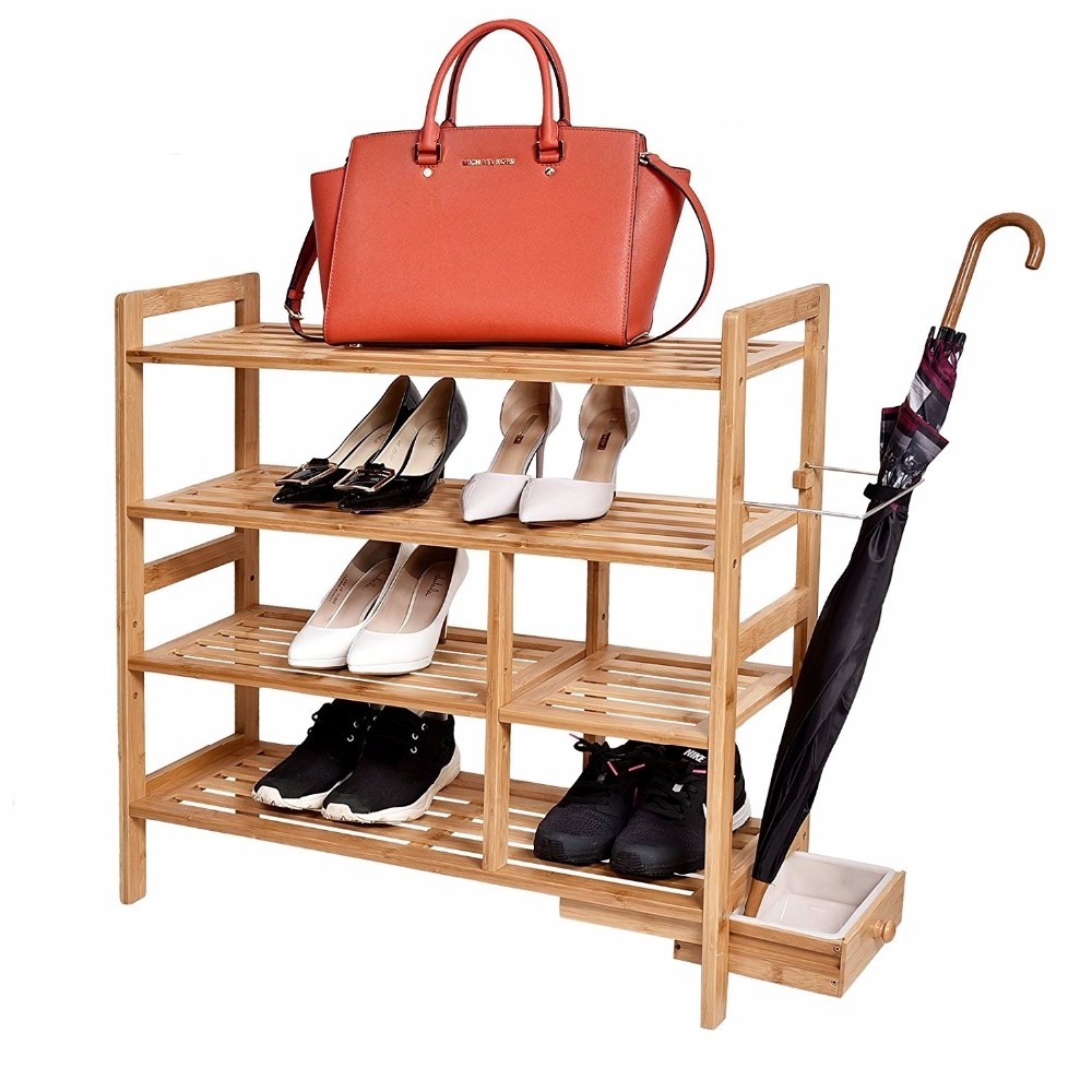 Homemade 4-Tier Bamboo Shoe Rack with Hidden Umbrella Shoes Display Stand Slippers Storage Shelf