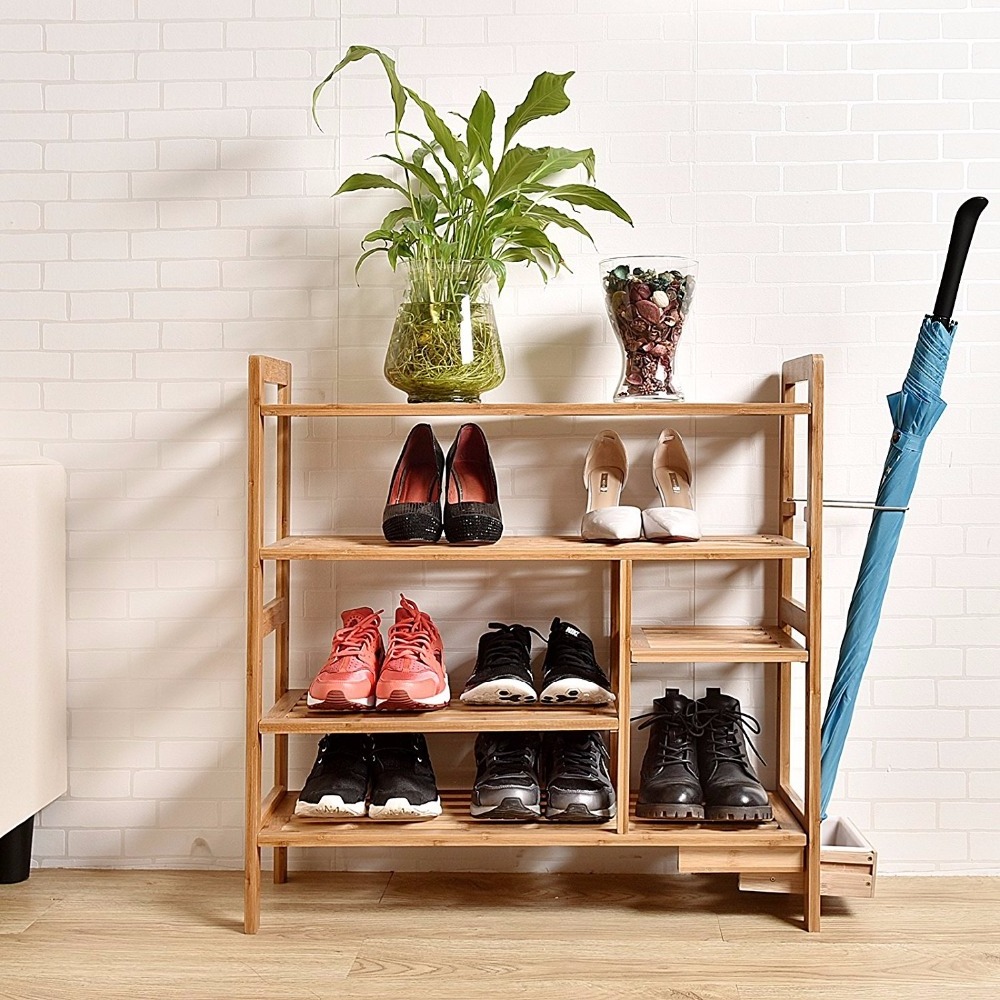 Homemade 4-Tier Bamboo Shoe Rack with Hidden Umbrella Shoes Display Stand Slippers Storage Shelf