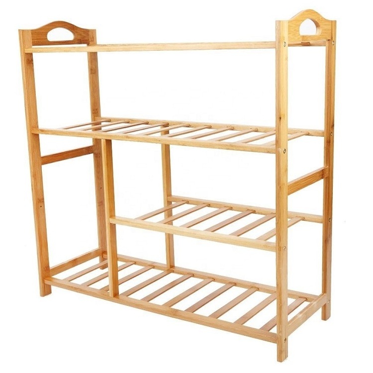 Custom Bamboo Shoes Rack With Handle Boots Storage Shelf High-heeled Shoes Display Stand Shoe Tower Organizer For Wholesale