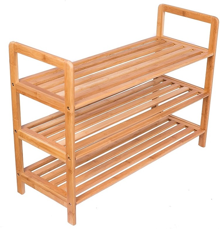 Custom 3 Tier Shoe Rack with Handles Bamboo Wood Closets and Entryway Organizer Fits 9 Pairs of Shoes For Wholesale