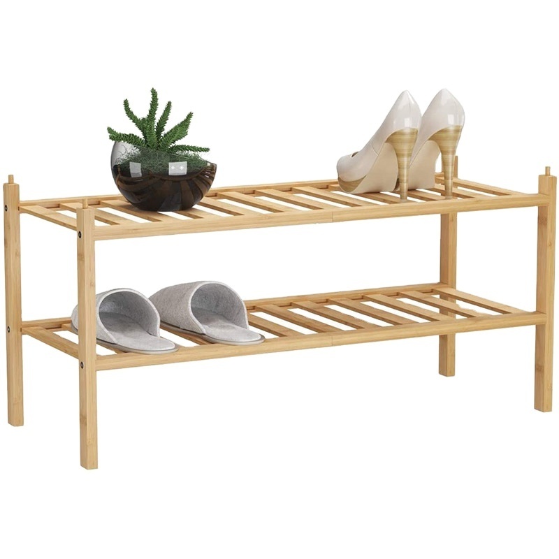 Custom Stackable Bamboo Shoe Rack 2 Tiers Shoes Stand Boots Entryway Shelf Living Room Storage Holders For Wholesale