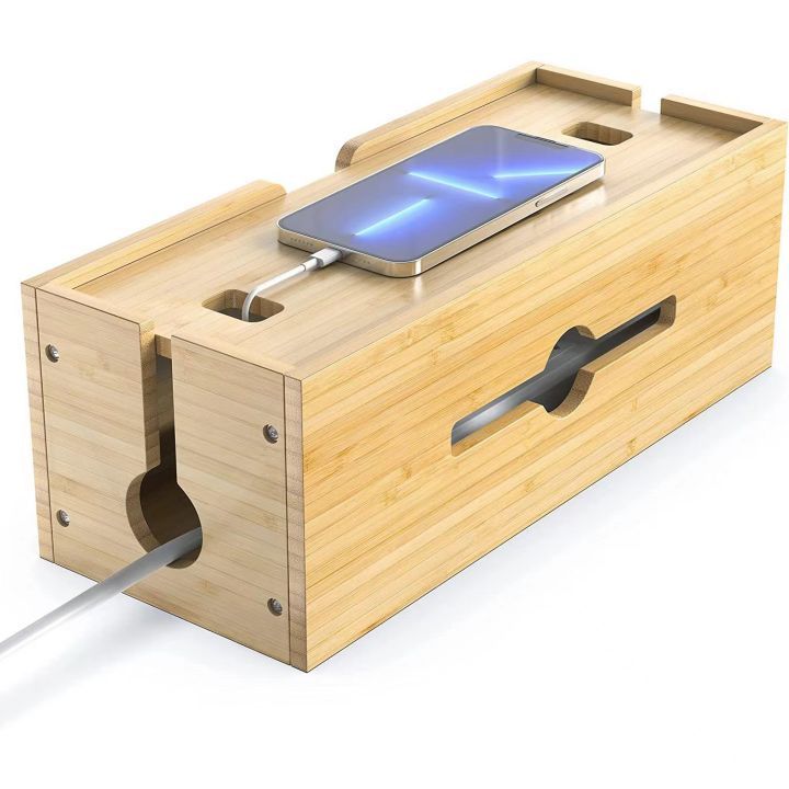 Bamboo Wooden Power Strip & Charging Cable Storage Box Electric Wires Cables Storage Organizer Container Box