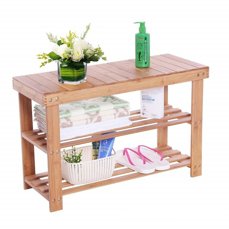 Custom Bamboo Shoes Rack Shoe Bench Shoe Cabinet 3 Layers Entryway Hallway Seat Storage Organizer Shelf For Wholesale