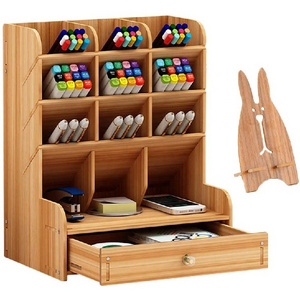 multifunction Natural bamboo pen holder wooden brush rack with drawer storage shelf for office and home