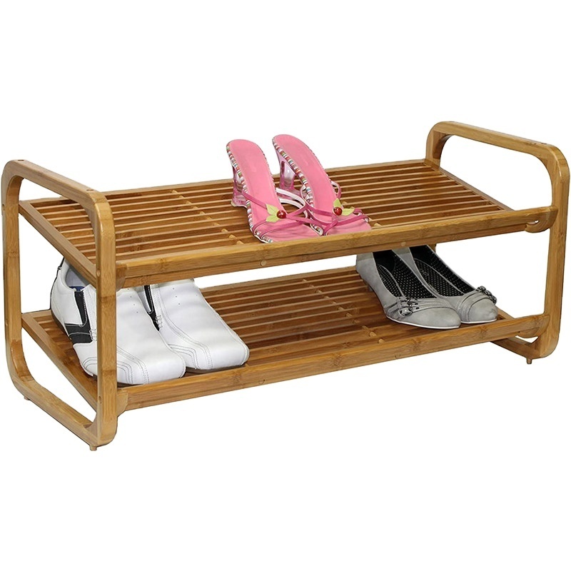 Custom Bamboo Shoe Shelf 2 Tiers Shoes Rack With Handles Shoe Cabinet Boots Storage Holders For Wholesale