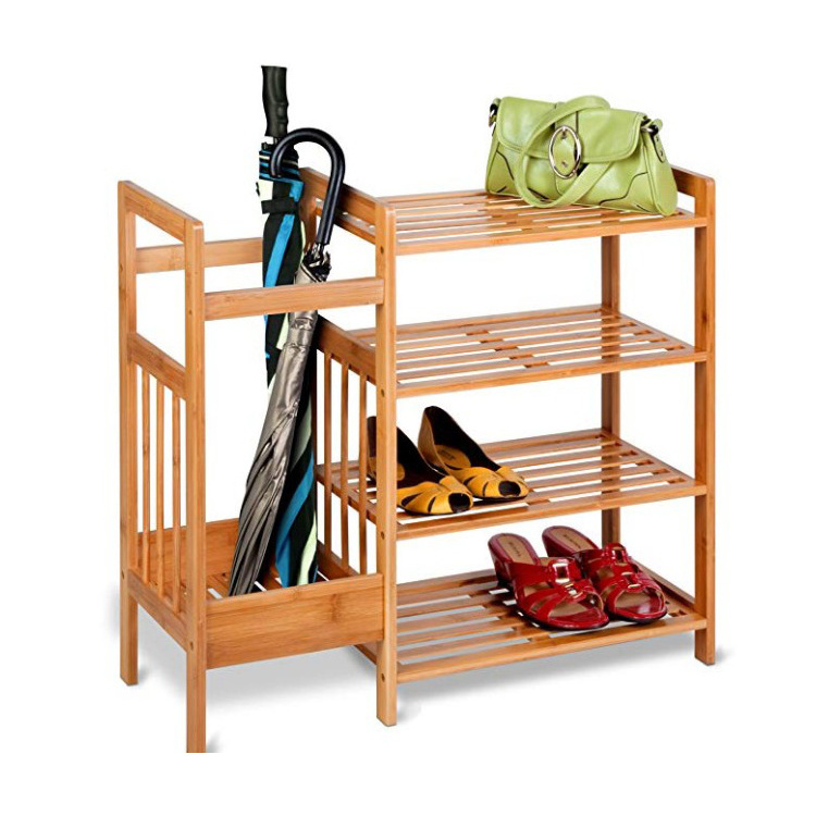 Custom 4-Tier Multi-Function Bamboo Organizer With Umbrella Holder Shoes Rack Entryway Storage Shelf For Wholesale