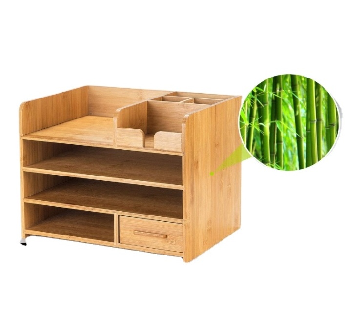 Custom Bamboo Storage Box Desk Organizer with Drawer Table Top Shelf Office Stationery Stand For Wholesale