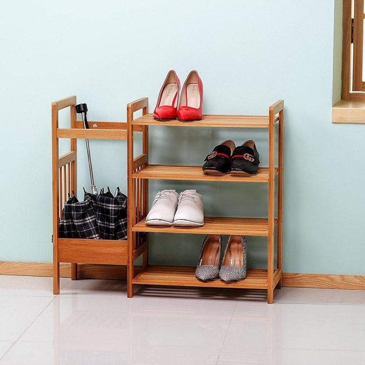 Custom 4-Tier Multi-Function Bamboo Organizer With Umbrella Holder Shoes Rack Entryway Storage Shelf For Wholesale