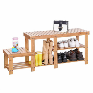 Custom 2 Layers Bamboo Shoes Rack Shoe Shelf Bench Entryway Hallway Storage Organizer With Seat Shoe Cabinet For Wholesale