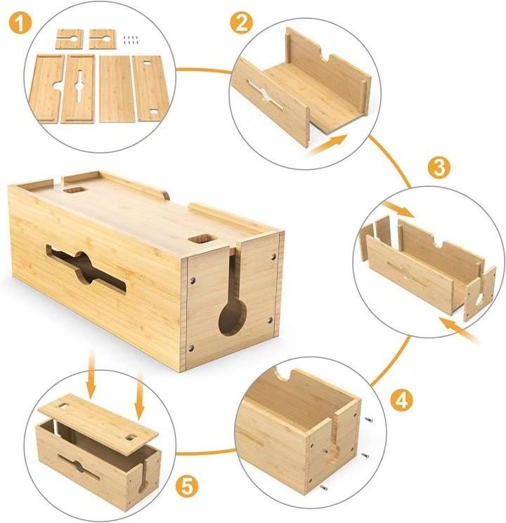 Bamboo Wooden Power Strip & Charging Cable Storage Box Electric Wires Cables Storage Organizer Container Box