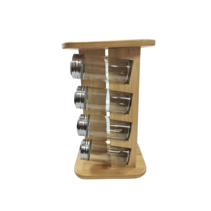 Bamboo Rotating Spice Rack Standing Shelf Revolving Seasoning Holder Tower Organizer with 8 Glass Spice Jars