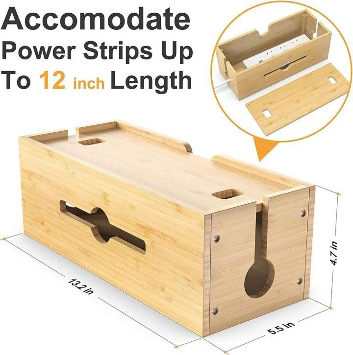 Bamboo Wooden Power Strip & Charging Cable Storage Box Electric Wires Cables Storage Organizer Container Box