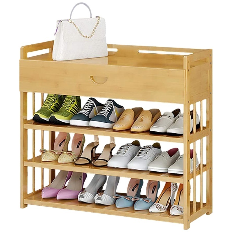 Custom Corner Bamboo Storage Holders Shoe Rack with Drawer Boots Shelf Multi-Layer Shoes Organizer Stand For Wholesale