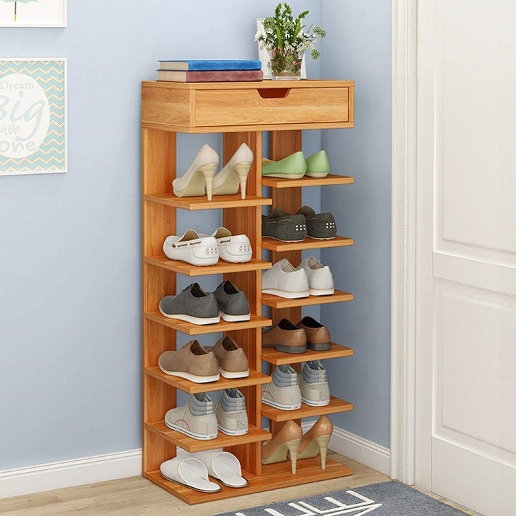 Custom Bamboo Shoes Shelf With Drawer High-heeled Shoes Display Rack Shoe Tower Stand Boots Holder For Wholesale