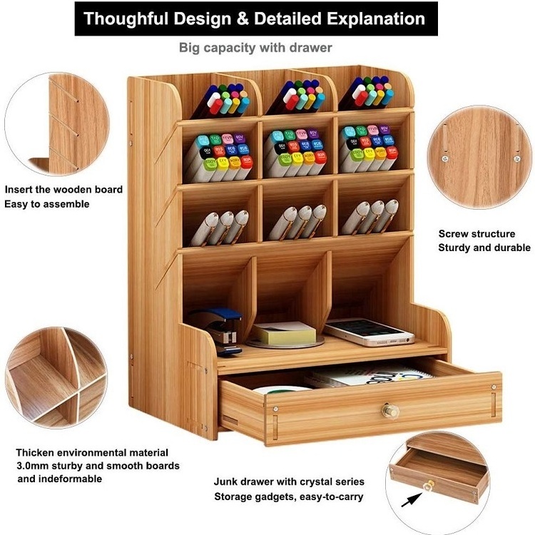 multifunction Natural bamboo pen holder wooden brush rack with drawer storage shelf for office and home