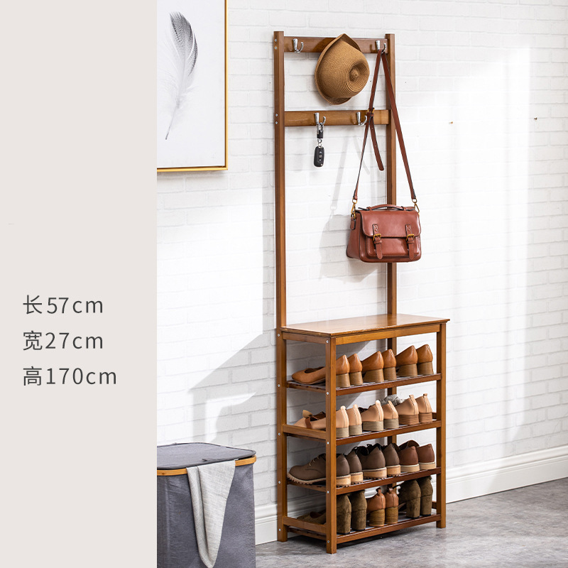 2 Tier Multifunctional Bamboo Closet Display Organizer Modern Coat Garment Clothes Hanging and Shoe Bench Storage Rack