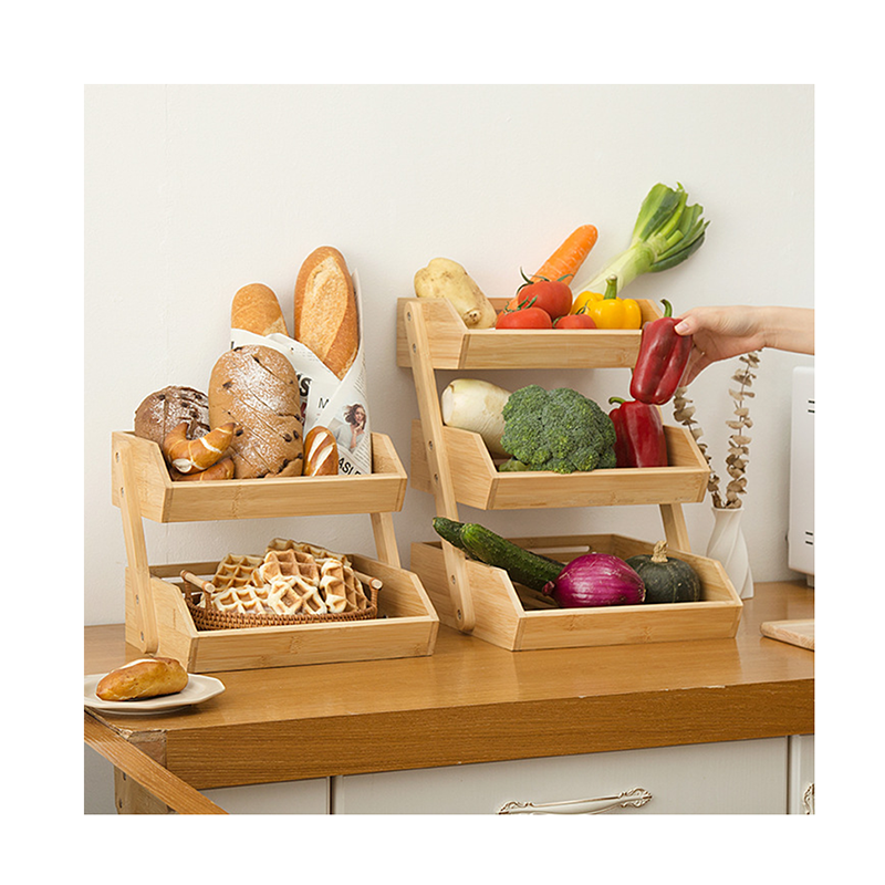 Bamboo 3 Tier Multifunctional Large Capacity Fruit Basket Vegetable Drain Storage Rack Cake Bread Display Stand Shelf