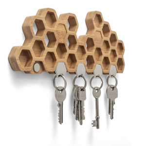 Creative Honeycomb Magnetic Decorative Wall Mounted Hook Bamboo Wooden Storage Rack Key Holder